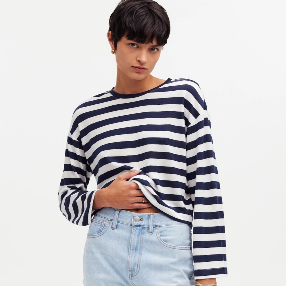 Madewell Drop-Shoulder Pullover Crop Tee in Stripe Long Sleeved